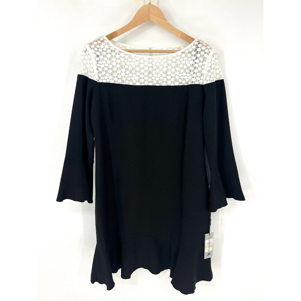 KARL LAGERFELD Dress Womens Size 14‎ 3/4 Sleeve Black White Lace Flounce NWT